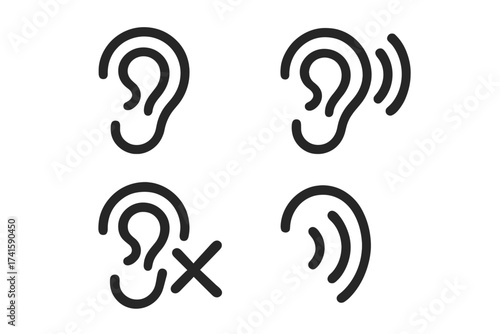 Ear icon set for hearing, listening, and deafness. Vector line art symbols for audiology, sound, silent, and communication. Otolaryngology and hearing loss concept design.