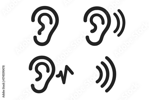 Set of ear icons. Linear vector symbols for sound, hearing, and listening. Includes audio wave and frequency graphics. Ideal for audiology, medical apps and deaf concepts.