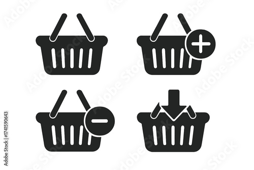 Shopping basket icon set for online store. E-commerce cart symbol collection. Add, remove from cart, and checkout buttons for web design, UI, UX. Vector graphic element.