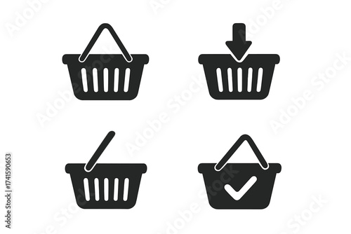 Shopping basket vector icon set. E-commerce symbols for online store & retail. Add to cart, buy, checkout & purchase pictogram for web, app UI, grocery. Simple flat design.