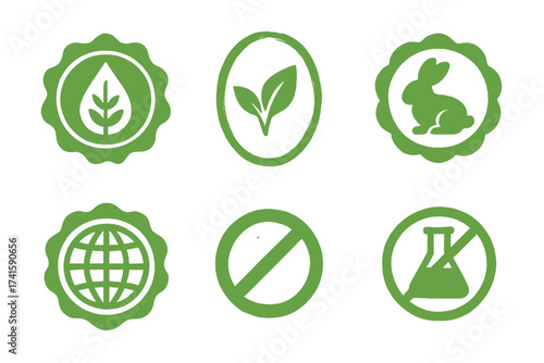 Organic vector label icon set. Natural, vegan, cruelty free, gmo free, paraben free, sustainable, eco friendly product badges. Healthy food and cosmetics packaging stamps.