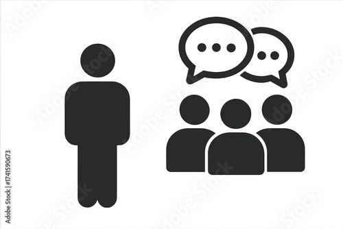 Outsider icon for social exclusion and loneliness. Person isolated and left out of a group conversation. Metaphor for rejection, social anxiety, bullying, and introversion concept.