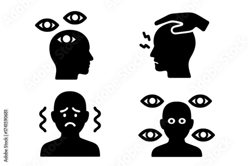 Paranoia mental disorder icon set. Psychological problem concept. Fear, anxiety, delusion, persecution mania metaphor. Psychology, mental health, stress vector illustrations.