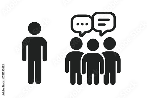 Outsider icon concept of social exclusion and loneliness. Man stranger alone, left out of group conversation. Metaphor for bullying, isolation and communication problems.