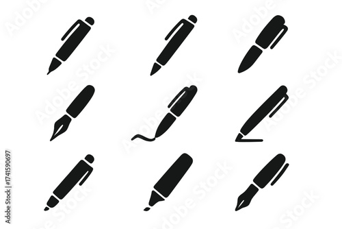 Pen icon set. Write, sign, draw concepts. Vector collection of writing tools. Ballpoint, fountain pen, marker silhouettes. Office stationery and signature graphic symbols.