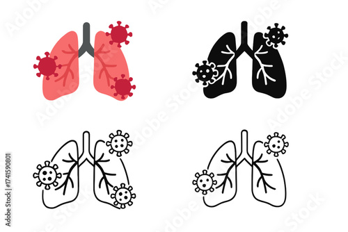 Lungs infected by coronavirus vector icon set. Pneumonia, respiratory disease concept. Covid-19 virus attacking human lung. Medical health symbol collection. Flat, glyph styles.