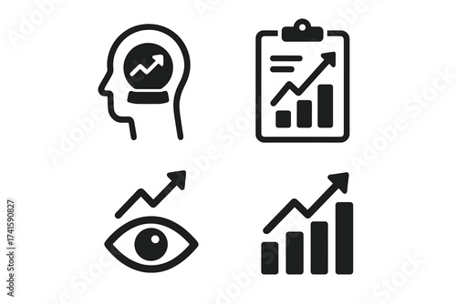 Business growth forecast vector icon set. Predictive analytics, financial prediction, market trend vision. Icons for strategy, progress report, and economic analytics.