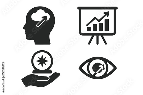 Prediction and forecast vector icon set. Business growth chart, future vision eye, crystal ball, strategic thinking head. Analytics, foresight, market expectation concept.