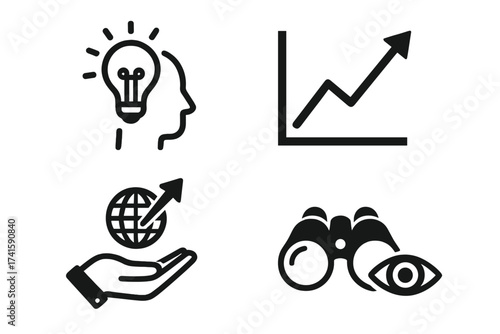 Business forecast icon set. Predict market trends. Vector icons for growth, innovation, global strategy, and vision. Analysis, idea, search, opportunity, future success.