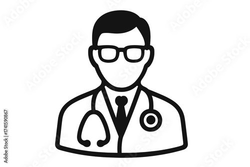 Doctor icon vector illustration. Male physician with stethoscope avatar. Medical and healthcare symbol. General practitioner person pictogram for web and mobile apps design.