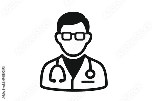 Doctor icon vector symbol. Medical physician glyph. Healthcare person avatar with stethoscope. Hospital clinic practitioner sign. Medicine graphic illustration for web and mobile.
