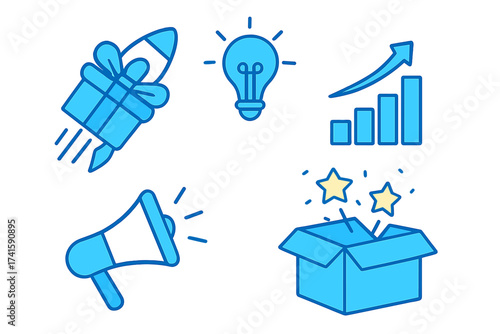 Product launch icon set. Rocket gift, idea lightbulb, growth chart, marketing megaphone, surprise box. Business startup, success, innovation, and promotion vector concept.