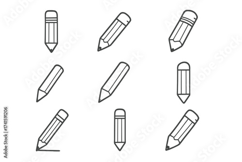 Pencil icon set. Line art collection for writing, drawing, and education. Minimalist office stationery symbols. Doodle sketch for school supplies, edit button, or creative projects.