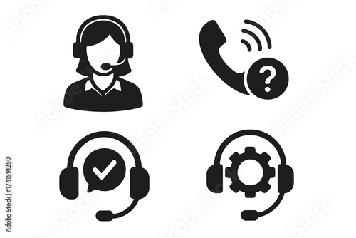Support service icons set. Customer support symbol, call center concept vector illustration. Helpdesk operator, hotline contact, faq and technical assistance pictograms.