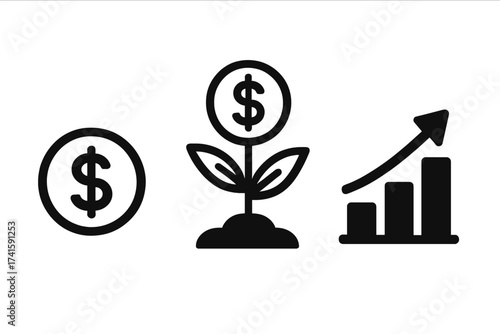 Financial growth icon set. Investment, profit, and success concept. Vector illustration of a dollar coin, money plant, and bar chart with an upward arrow. Business finance symbol.