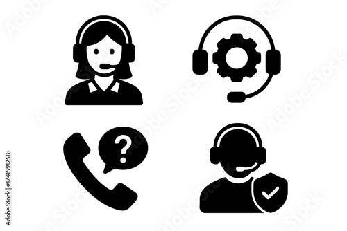 Support service icons set. Customer assistance symbol. Call center concept. Vector glyph collection. Operator, technical helpdesk, contact us, hotline, secure connection.