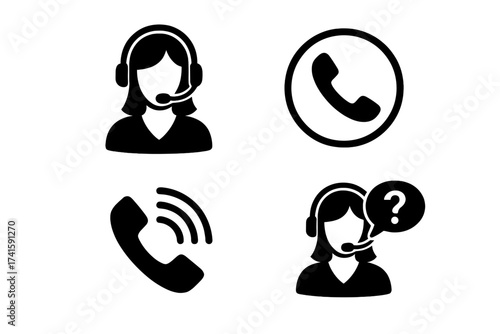Support service icons set. Customer support symbol. Call center concept. Help desk agent, woman with headset, phone communication. Hotline assistance. FAQ question mark vector.