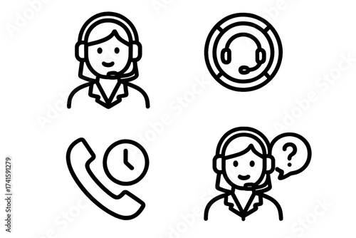 Support service icons set. Customer support agent symbol. Call center concept. Help desk operator woman. Client assistance. Online consultant. Contact us. FAQ 24/7 phone help.