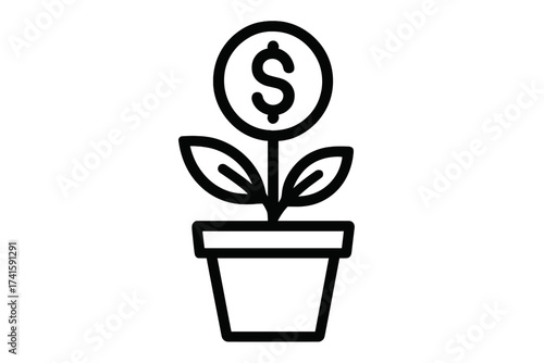Financial growth concept. Money plant icon. Investment success metaphor. Plant with dollar coin flower. Growing savings and profit. Business development symbol. Wealth.