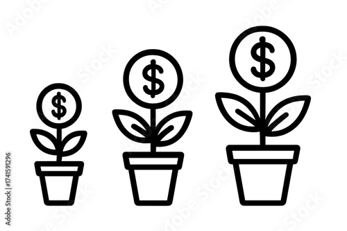Money tree growth investment vector icon set. Financial success and profit concept. Plant with dollar coin flower growing in a pot. Business revenue increase and savings progress.