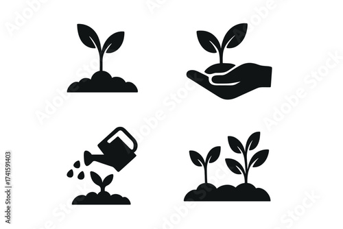 Plant growth icon set. Sprout, seedling and gardening concept. Agriculture and nature care symbol. Ecology, environment and farming vector illustration collection.
