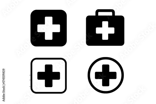First aid medical cross icon set. Health care emergency symbol collection. Hospital, clinic, and pharmacy sign. Doctor bag and medical kit vector illustration for web and apps.