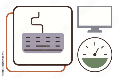 Keyboard connected to a screen beside a speedometer gauge measuring speed. Ideal for IT performance, work productivity, internet speed, workflow, digital systems, software optimization, simple flat
