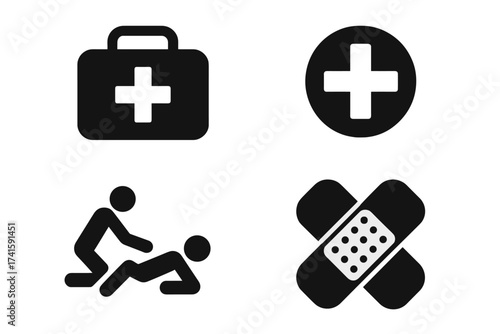 First aid icon set. Medical emergency and healthcare symbols. Vector collection with first aid kit, cpr resuscitation, cross sign and adhesive bandage plaster. Rescue concept.