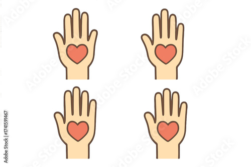 Volunteer hands with hearts vector icon set. Concept for charity, donation, and support. Symbol of giving, love, kindness, hope. Illustration for social work, community, NGO.
