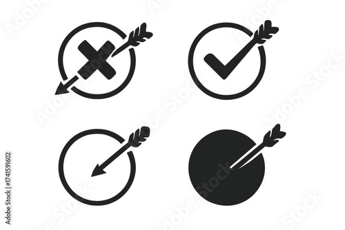 Target icon set with arrow. Goal achievement, success and failure concept. Check mark for correct and cross for incorrect choice. Bullseye, aim, objective vector icons.