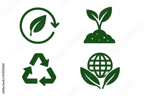 Biodegradable icon set. Compostable and recyclable symbols. Eco friendly and sustainability concept. Green vector illustration for ecology, nature, and environment care.