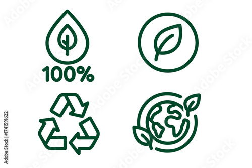 100% biodegradable & compostable icon set. Recyclable, eco-friendly, and sustainable product package label. Natural, organic, vegan, bio packaging & food vector symbols.