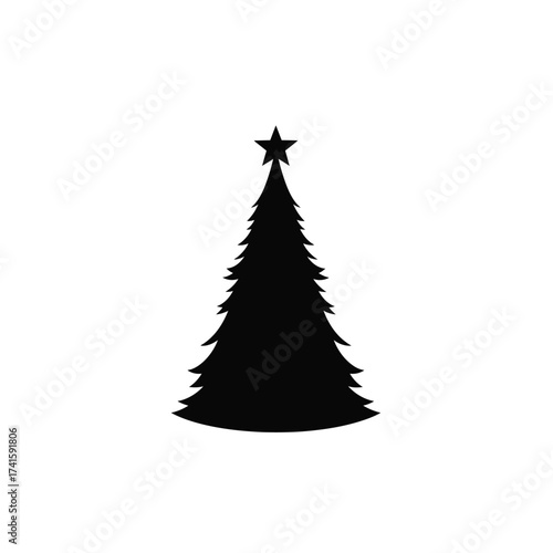 Christmas Opening Silhouette of a Festive Pine Tree with Star Decoration on White Background