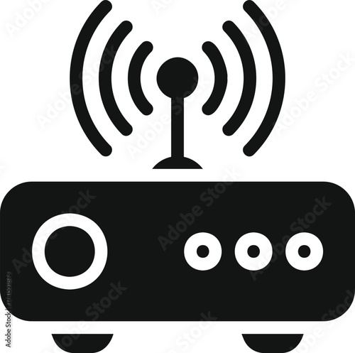 Simple black and white icon illustration of a wireless router with radiating signal waves