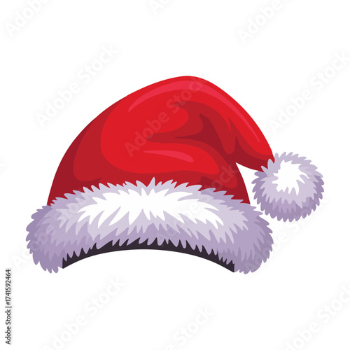 Red santa claus hat with white fluffy fur trim and pom pom isolated on clean background for christmas decoration design