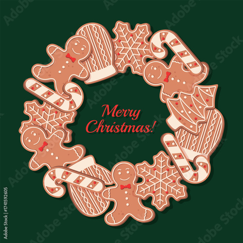 Decorative christmas wreath made of various gingerbread cookies. Flat vector illustration isolated on a dark green background. Marry Christmas!
