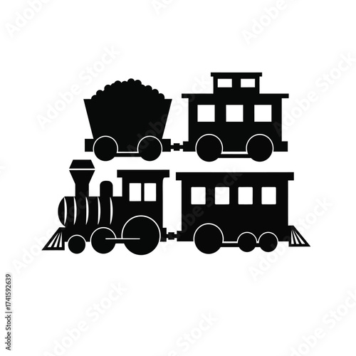 A vintage toy train Christmas Opening Silhouette design with locomotive and passenger cars. Black steam engine graphic on a white background