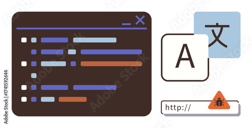 Code editor with colored syntax, translation symbol, and malware alert in URL bar. Ideal for software development, translation, cybersecurity, programming, multilingual tools, IT and digital