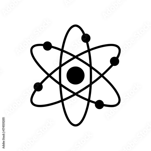 Simple atom model with orbiting electrons on transparent background silhouette