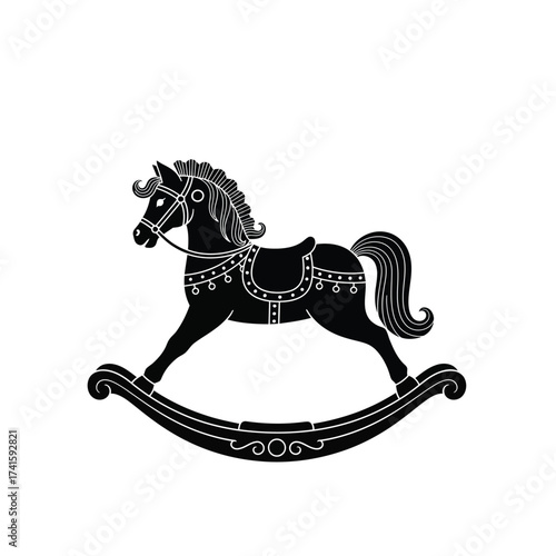 Classic rocking horse silhouette, a timeless symbol of childhood joy and vintage charm, ideal for Christmas opening themed designs, festive decorations, and imaginative projects