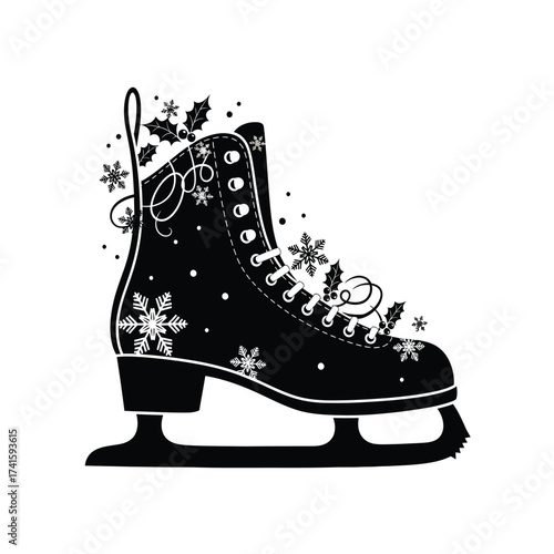 An elegant Christmas Opening Silhouette of a figure skate adorned with snowflakes and holly, perfect for holiday event invitations