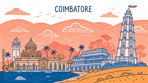 Coimbatore City Skyline with Famous Landmarks like Gass Forest Museum, Dhyanalinga, Perur Pateeswarar Temple, Marudamalai Temple – Unique Artistic Design for Tourism and Cultural Promotion
