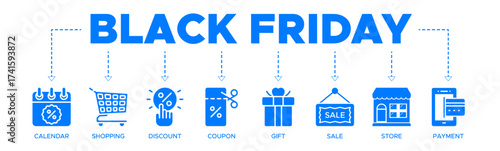 Black friday banner web icon vector illustration concept with icon of calendar, shopping, discount, coupon, gift, sale, store, payment