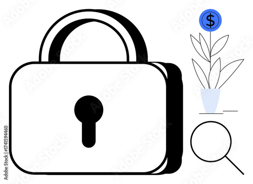 Padlock symbolizes security, plant with dollar sign represents financial growth, magnifying glass suggests scrutiny. Ideal for finance, savings, investment, protection, trust, analysis stability