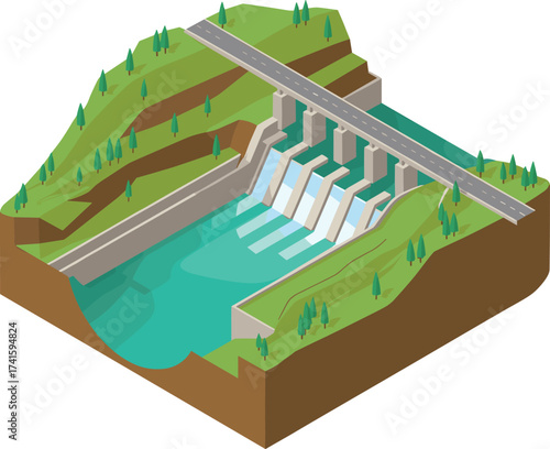Isometric 3D illustration of hydroelectric power dam with flowing water, renewable energy generation, clean electricity production, sustainable green technology system