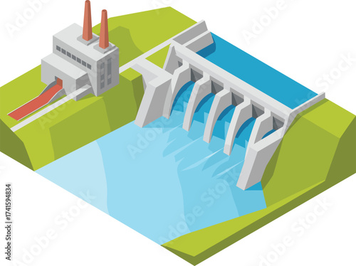 Isometric 3D illustration of hydroelectric power dam with flowing water, renewable energy generation, clean electricity production, sustainable green technology system