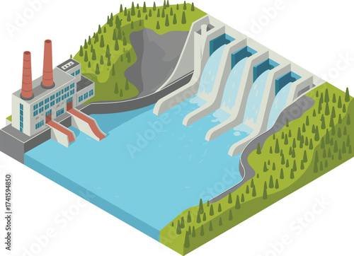 Isometric 3D illustration of hydroelectric power dam with flowing water, renewable energy generation, clean electricity production, sustainable green technology system