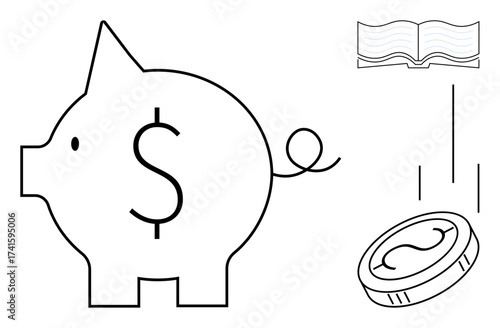 Piggy bank with dollar sign, falling coin, and open book symbolizing saving, investment, education, and financial literacy. Ideal for banking, budgeting, economics business personal finance