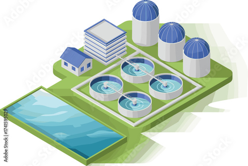 Isometric 3D illustration of modern wastewater treatment plant with water purification tanks, clean water facility, environmental sustainability, sewage processing system