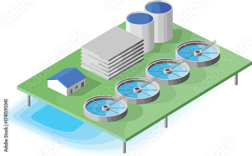 Isometric 3D illustration of modern wastewater treatment plant with water purification tanks, clean water facility, environmental sustainability, sewage processing system
